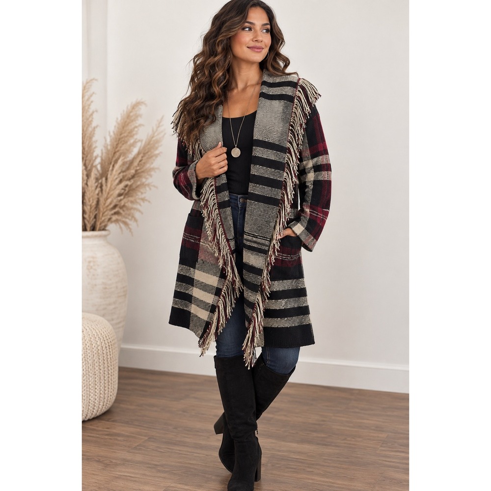 EST. 1946 Plaid Fringe Trim Hooded Cardigan Sweater Coat Boho XL